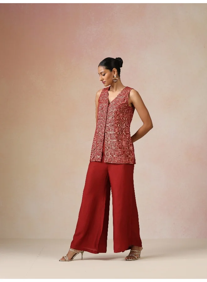 trueBrowns trueBrowns Red Gold Foil Print Jacket and Flared Pants Co-ord Set