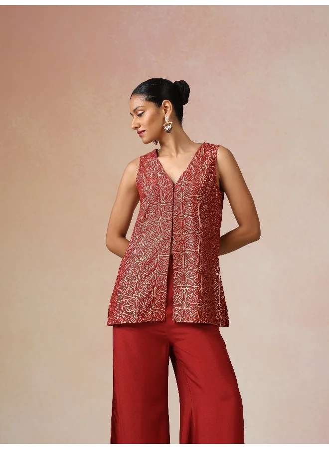 trueBrowns trueBrowns Red Gold Foil Print Jacket and Flared Pants Co-ord Set