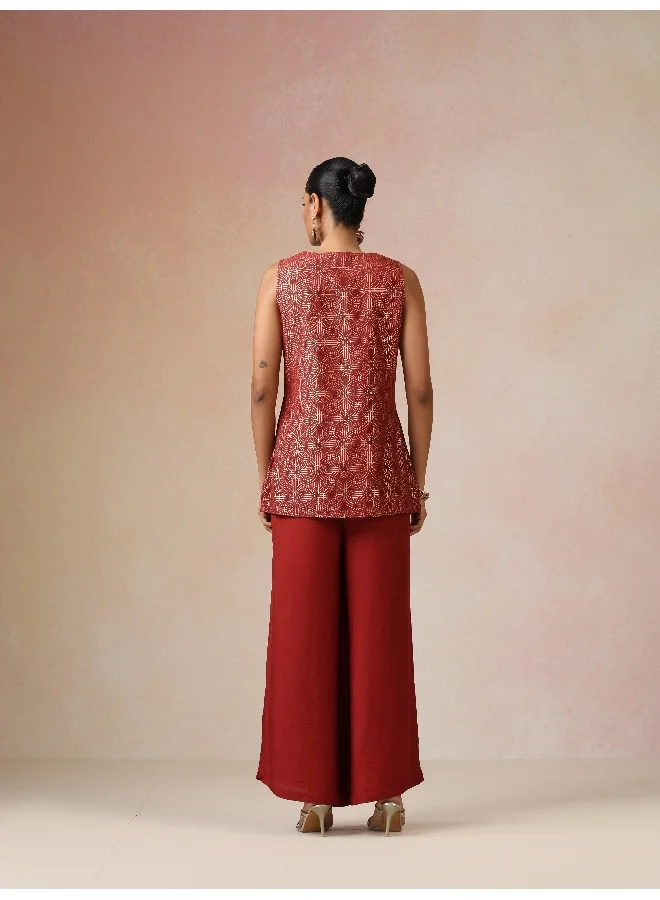 trueBrowns trueBrowns Red Gold Foil Print Jacket and Flared Pants Co-ord Set