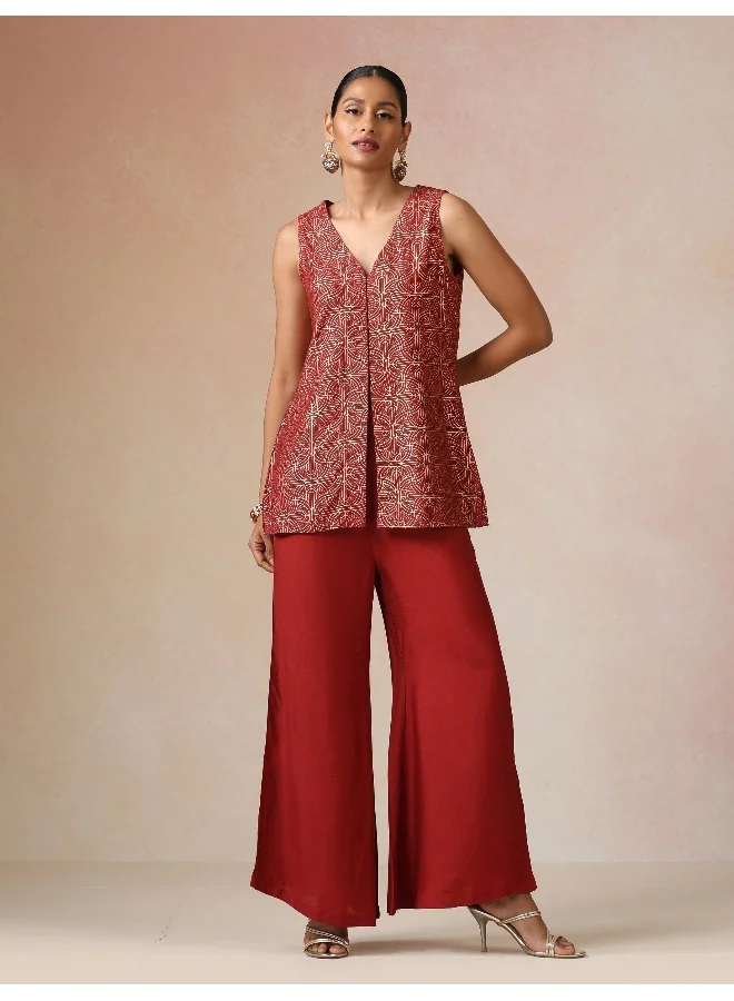 trueBrowns trueBrowns Red Gold Foil Print Jacket and Flared Pants Co-ord Set