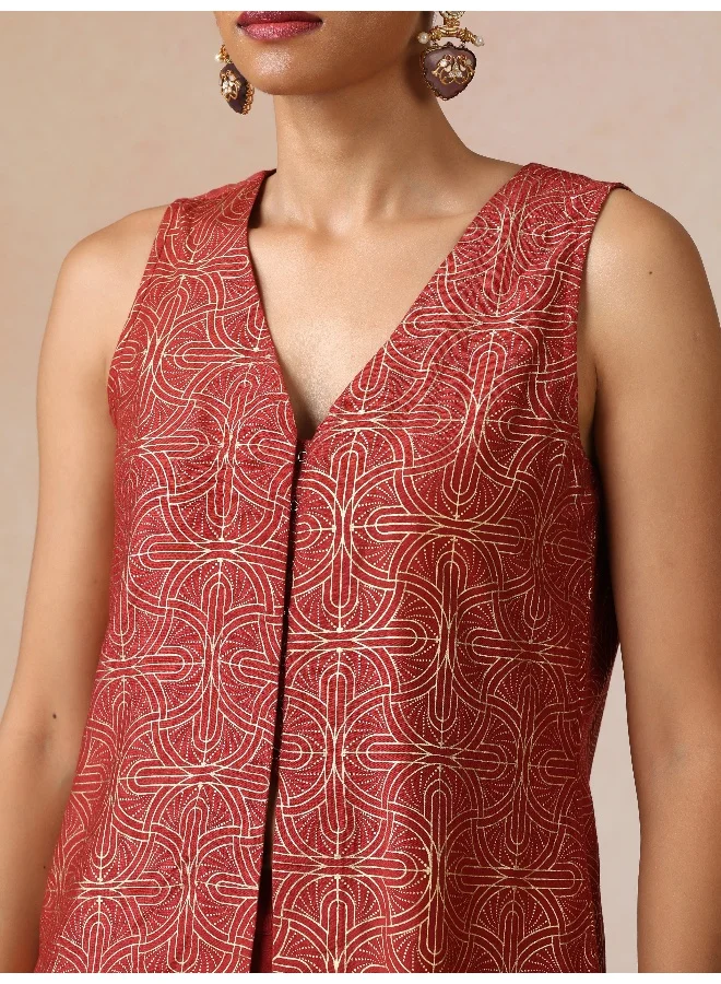 trueBrowns trueBrowns Red Gold Foil Print Jacket and Flared Pants Co-ord Set