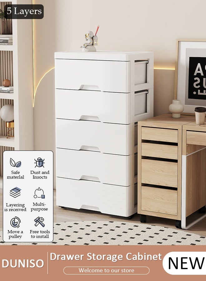 DUNISO خزانة تخزين ذات 5 أدراج، صندوق تخزين ألعاب، خزانة تخزين بلاستيكية للأرضية، منظم تخزين الأدراج للملابس، الألعاب، حاويات تخزين مضادة للغبار، صندوق رف للاستخدام في المنزل والحمام، تصميم موفر للمساحة - Image 1
