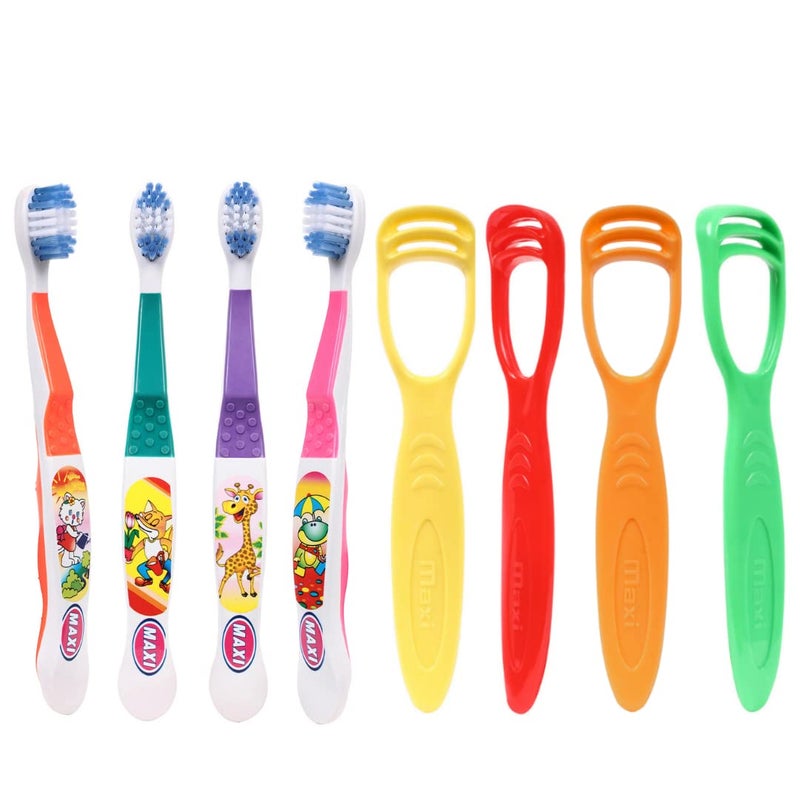 MAXI Oral Care Combo of 8-(4 Kids) Dolls Junior Toothbrush & (4 TC) 1 Number Tongue Cleaner Multicolour - Image 1