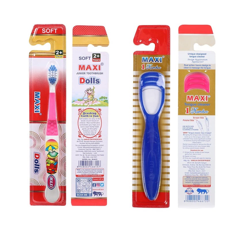 MAXI Oral Care Combo of 8-(4 Kids) Dolls Junior Toothbrush & (4 TC) 1 Number Tongue Cleaner Multicolour - Image 5
