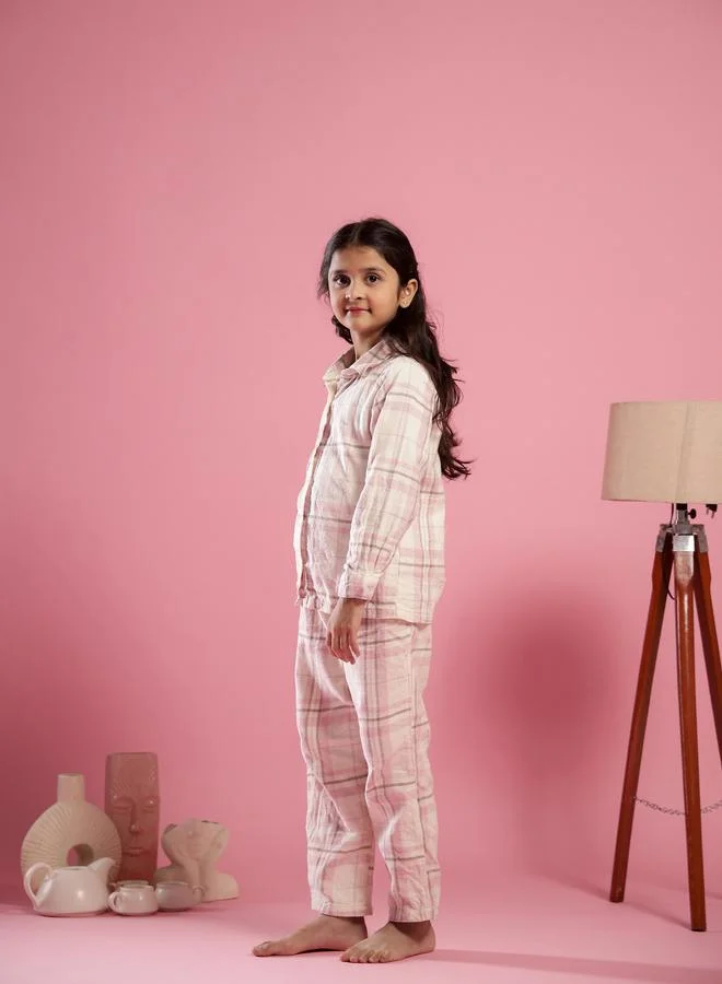 سانسكريتي هومز Sanskrutihomes Girls Pink Checked Cotton Shirt and Pyjama Set