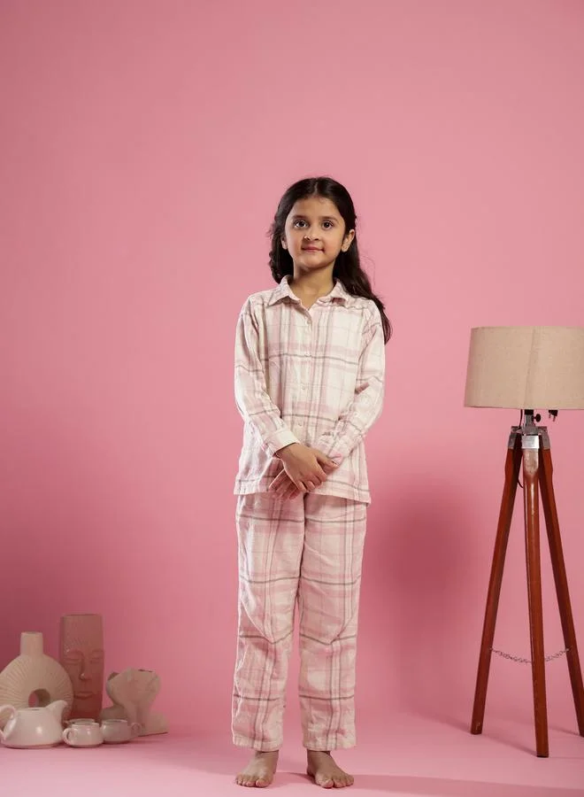 سانسكريتي هومز Sanskrutihomes Girls Pink Checked Cotton Shirt and Pyjama Set