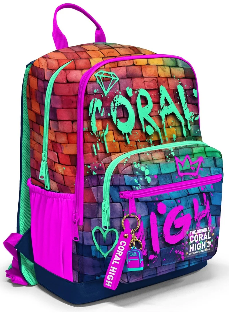 CORAL HIGH Pink Navy Blue Graffiti Written School Backpack 23629