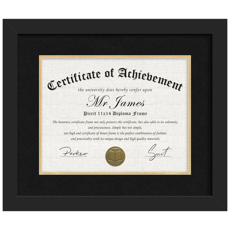 Picrit 11x14 Black Wood Diploma/Document Frame with Tempered Glass & Black over Gold Mat, and Display 15x18 Degree Certificate Frame without Mat for Wall, 1 pack - Image 1