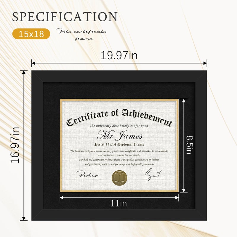 Picrit 11x14 Black Wood Diploma/Document Frame with Tempered Glass & Black over Gold Mat, and Display 15x18 Degree Certificate Frame without Mat for Wall, 1 pack - Image 3