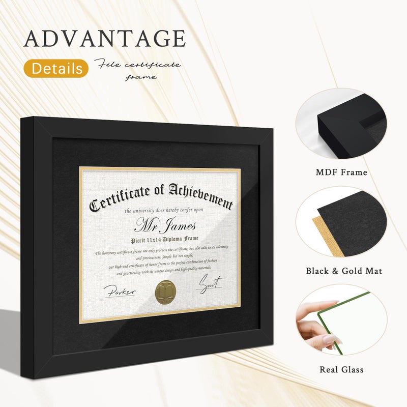 Picrit 11x14 Black Wood Diploma/Document Frame with Tempered Glass & Black over Gold Mat, and Display 15x18 Degree Certificate Frame without Mat for Wall, 1 pack - Image 5