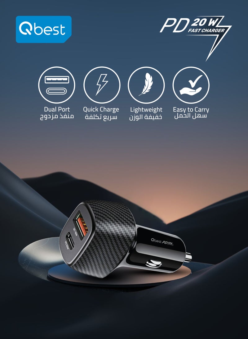 Qbest 38W Fast Car Charger with USB QC & Type-C PD – Quick Charge Technology, Smart Protection Features, 38W Max Output - Image 2