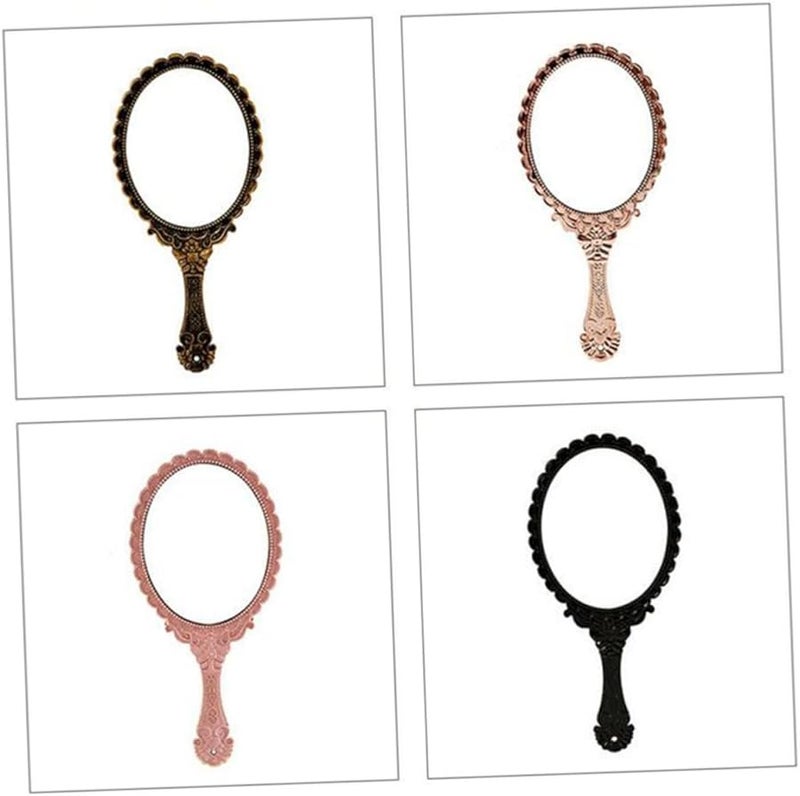 Black Hand Held Mirror Retro Pattern Vanity Makeup Mirror 3.9 Inch Length - Image 3