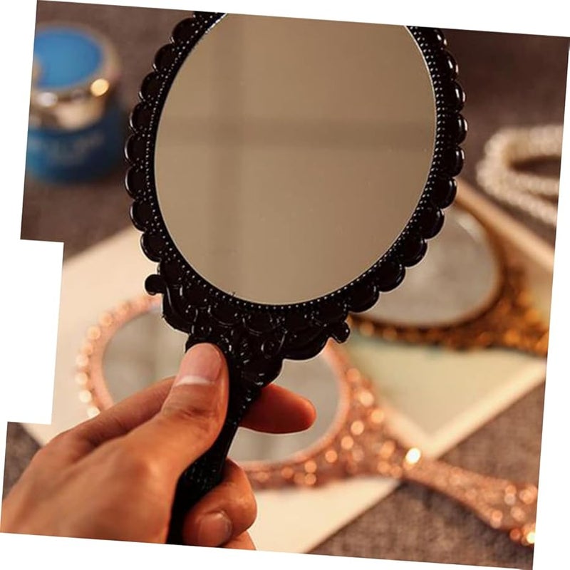 Black Hand Held Mirror Retro Pattern Vanity Makeup Mirror 3.9 Inch Length - Image 4