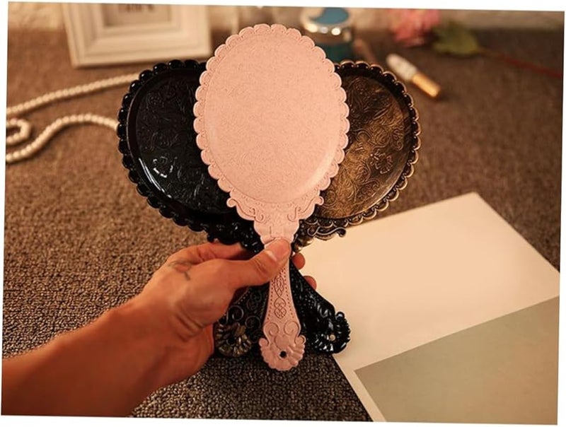 Black Hand Held Mirror Retro Pattern Vanity Makeup Mirror 3.9 Inch Length - Image 5