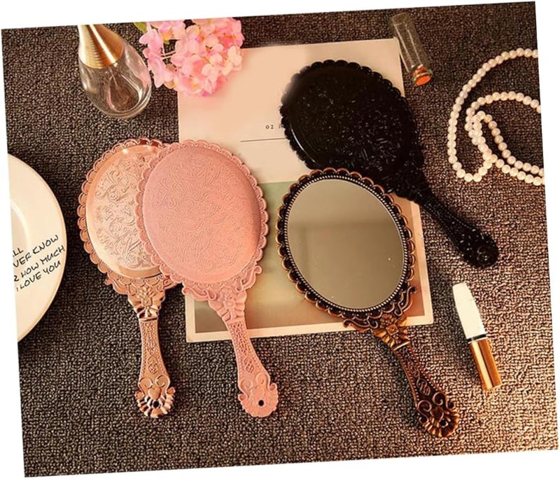 Black Hand Held Mirror Retro Pattern Vanity Makeup Mirror 3.9 Inch Length - Image 2