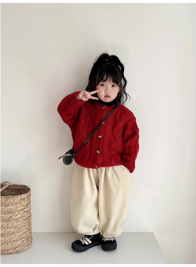 نيو بدلة رأس السنة معاطف بناتي خريف شتاء أطفال صغار أحمر كنزة محبوكة احتفالية أولوي أنيق ياقة واقفة سترة صوفية - Image 4