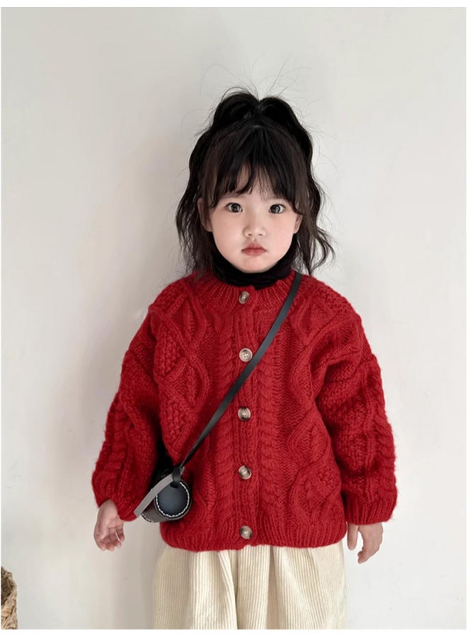 نيو بدلة رأس السنة معاطف بناتي خريف شتاء أطفال صغار أحمر كنزة محبوكة احتفالية أولوي أنيق ياقة واقفة سترة صوفية - Image 3