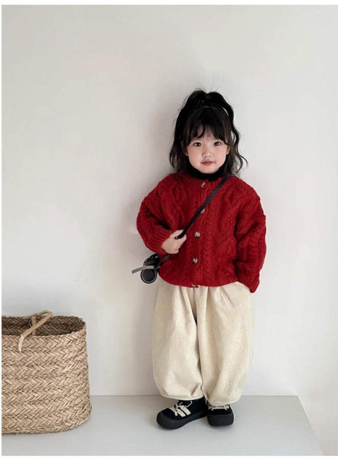 نيو بدلة رأس السنة معاطف بناتي خريف شتاء أطفال صغار أحمر كنزة محبوكة احتفالية أولوي أنيق ياقة واقفة سترة صوفية - Image 2