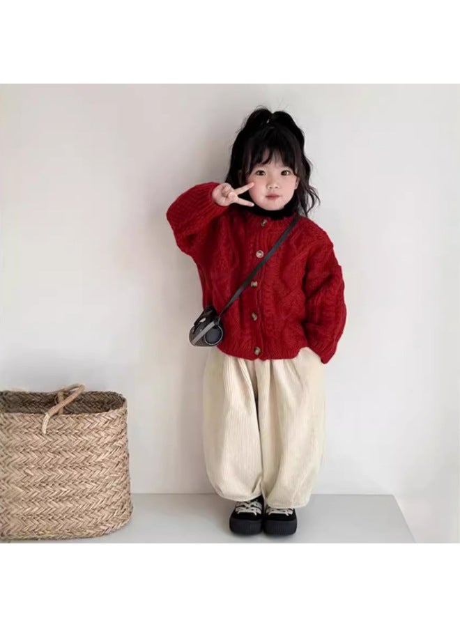 نيو بدلة رأس السنة معاطف بناتي خريف شتاء أطفال صغار أحمر كنزة محبوكة احتفالية أولوي أنيق ياقة واقفة سترة صوفية - Image 1