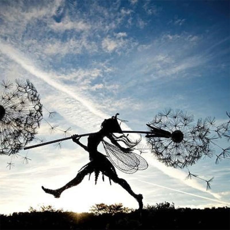 Fcteap Flower Fairy Dancing with Dandelion Garden Art Sculpture Stainless Steel Statue Christmas Halloween Decoration for Outdoor Yard Courtyard Lawn Patio Metal Ornaments (Long Travel) - Image 1