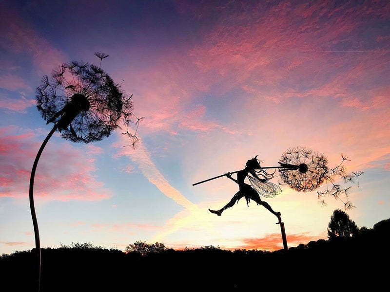 Fcteap Flower Fairy Dancing with Dandelion Garden Art Sculpture Stainless Steel Statue Christmas Halloween Decoration for Outdoor Yard Courtyard Lawn Patio Metal Ornaments (Long Travel) - Image 2