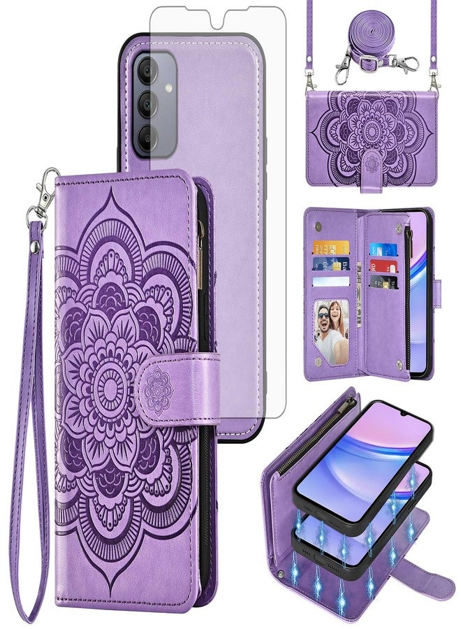 أسو ويش جراب هاتف Asuwish لهاتف سامسونج جالاكسي A15 5G/4G، مزود بسحاب، غطاء قابل للفصل مغناطيسيًا، واقي شاشة من الزجاج المقوى، حزام كتف، فتحة لحامل البطاقات، لون بنفسجي، مناسب للنساء والفتيات. - Image 1