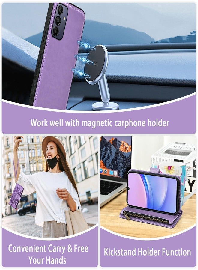 أسو ويش جراب هاتف Asuwish لهاتف سامسونج جالاكسي A15 5G/4G، مزود بسحاب، غطاء قابل للفصل مغناطيسيًا، واقي شاشة من الزجاج المقوى، حزام كتف، فتحة لحامل البطاقات، لون بنفسجي، مناسب للنساء والفتيات. - Image 5