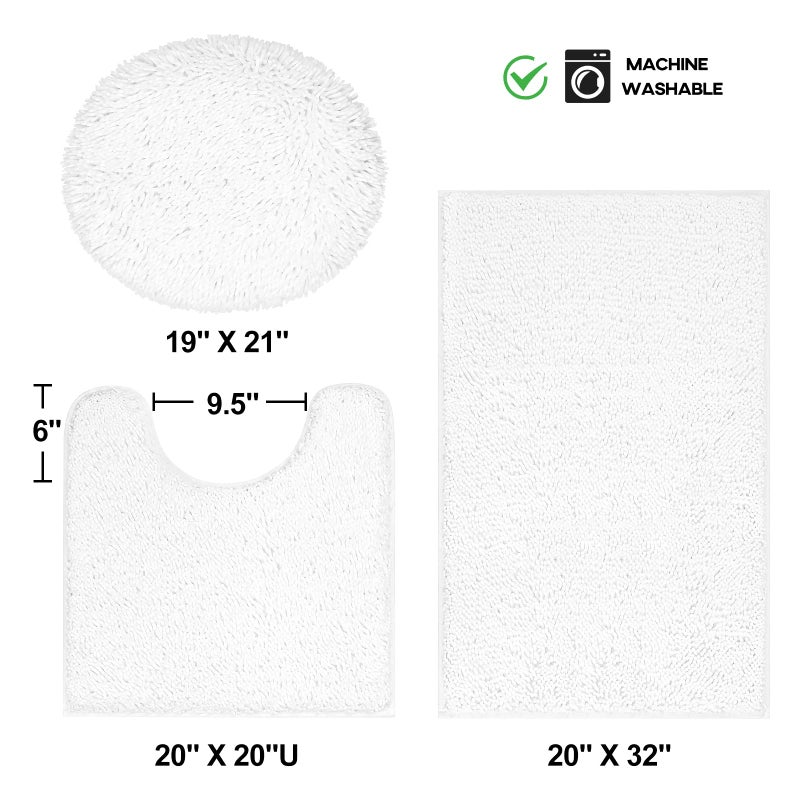 TREETONE Chenille Bath Mat 3 Piece Bathroom Rugs Set, 20x20 Inchs U-Shape Contoured Toilet Mat & 20x32 Inchs Rug & Lid Cover, Soft, Water Absorbent Plush Rugs for Tub Shower & Bath Room -White - Image 2