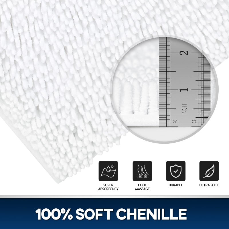 TREETONE Chenille Bath Mat 3 Piece Bathroom Rugs Set, 20x20 Inchs U-Shape Contoured Toilet Mat & 20x32 Inchs Rug & Lid Cover, Soft, Water Absorbent Plush Rugs for Tub Shower & Bath Room -White - Image 3