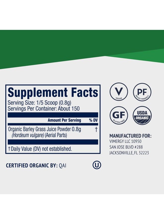 Vimergy Barley Grass Juice Powder Dietary Supplement - 0.8g per Serving (150 Servings) – Clean Superfood Formula – Promotes Cardiovascular Health* – Organic, Vegan & Gluten-Free – Travel Size 120g  - Image 4