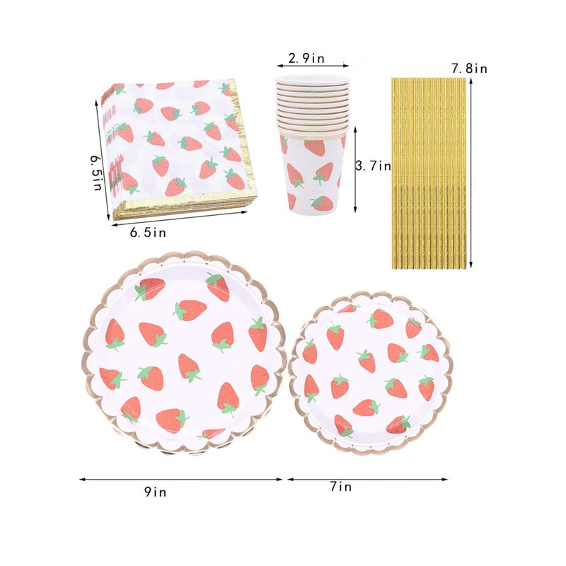 SOLARAE Strawberry Party Tableware Set, Party Decorations Disposable Dinnerware Set Including Plates,Napkins,Straws and Cups for Fruit Theme Birthday Party Table Decoration Supplies,Serves 10 Guest - Image 2
