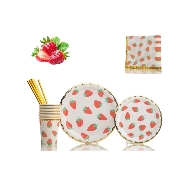 SOLARAE Strawberry Party Tableware Set, Party Decorations Disposable Dinnerware Set Including Plates,Napkins,Straws and Cups for Fruit Theme Birthday Party Table Decoration Supplies,Serves 10 Guest - Image 1