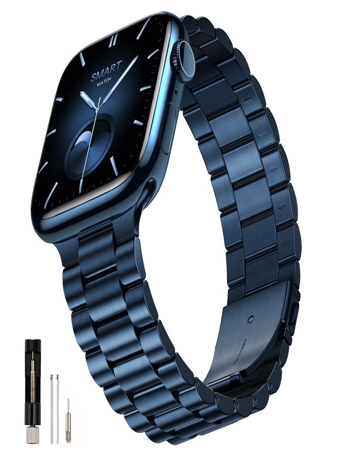 SUNFWR Compatible with Apple Watch Band 45mm 44mm 42mm for Men Women, Stainless Steel Metal iWatch Band with Case for Apple Watch Series 8/7/6/5/4/3/2/1/SE/SE2(DarkBlue, 42mm/44mm/45mm) - Image 1