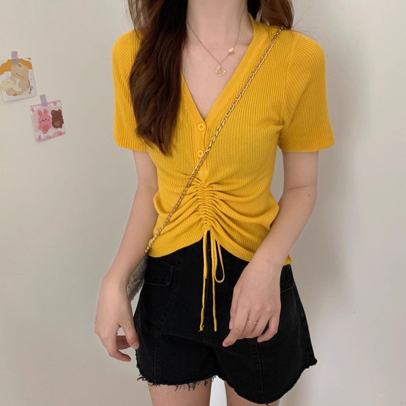 Mid-Drawstring Top for Women, Summer V-Neck Niche Design T-Shirt, Versatile Slimming Look Short-Sleeved Thin Ice Silk Knitwear - Image 4