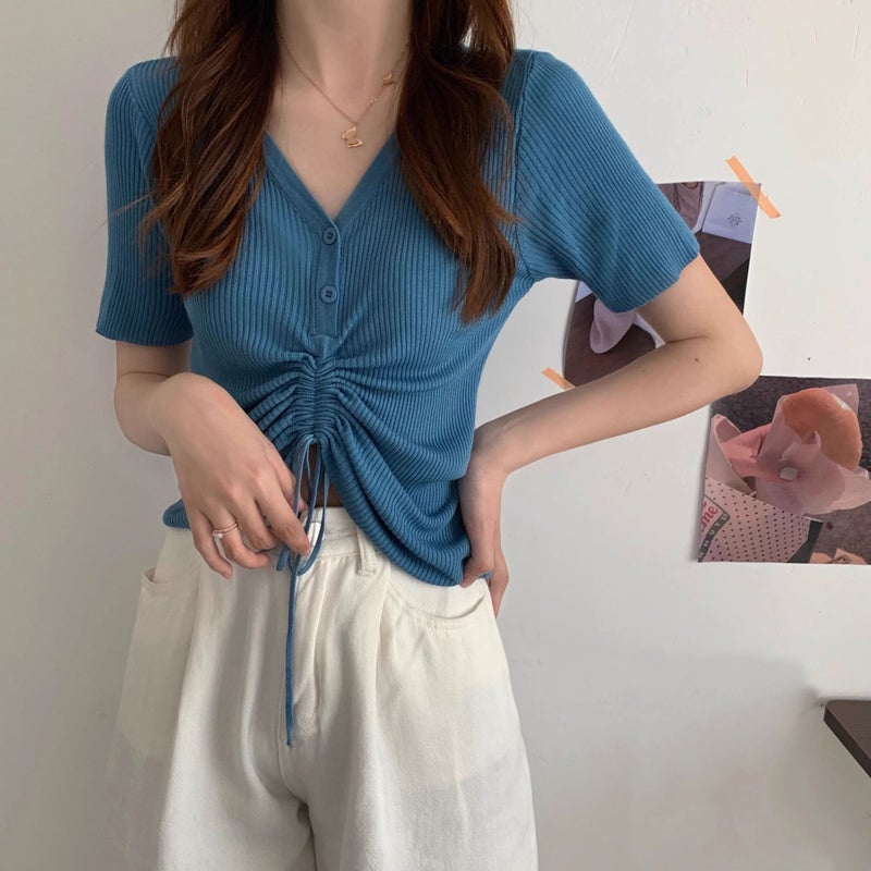 Mid-Drawstring Top for Women, Summer V-Neck Niche Design T-Shirt, Versatile Slimming Look Short-Sleeved Thin Ice Silk Knitwear - Image 3