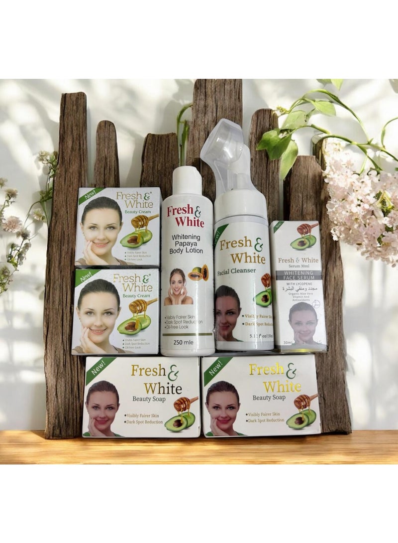 fresh & white Fresh&White 7pc SET for Face & Body Whitening & for spotless Face. Facewash, Cream(2), Body Lotion, Serum and Soap(2) for All Skin Types