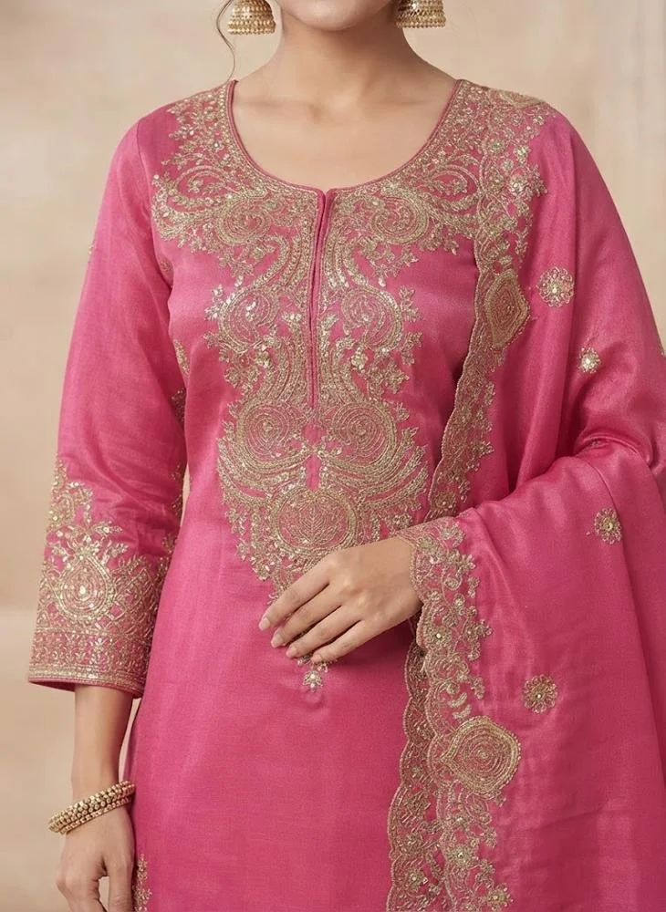 Viny VINY Rani Pink 3-Piece Embroidered Sharara Suit Set – Women's Indian Ethnic Wear