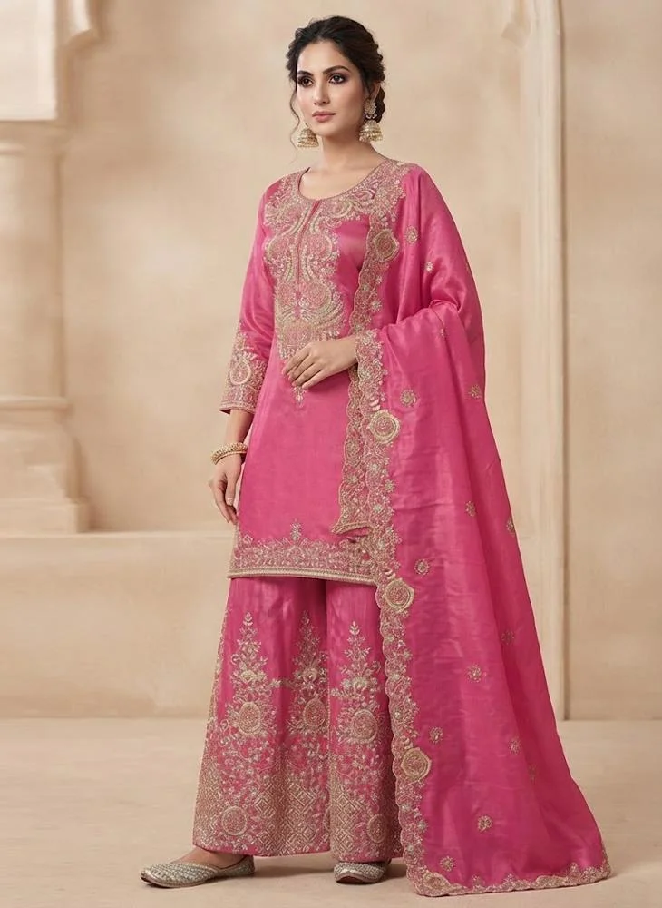 Viny VINY Rani Pink 3-Piece Embroidered Sharara Suit Set – Women's Indian Ethnic Wear