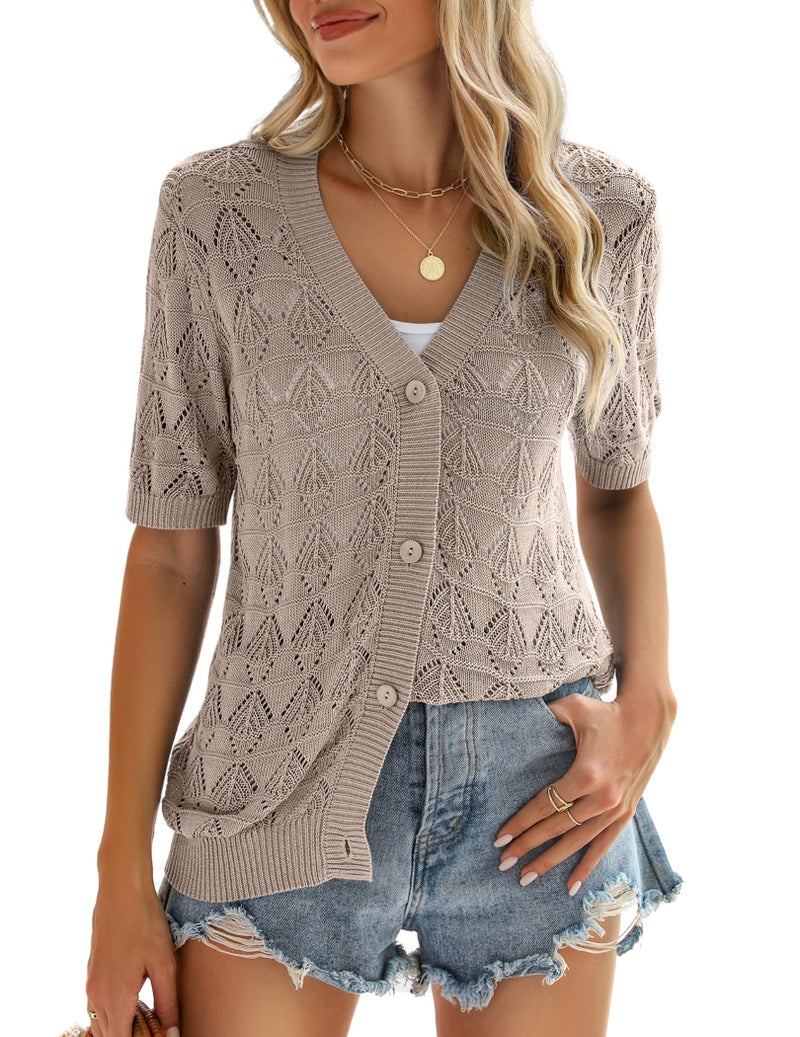 Zeagoo Lightweight Crochet Cardigan for Women Summer Short Sleeve Knit Shrugs V Neck Bolero Button Down Sweater - Image 1