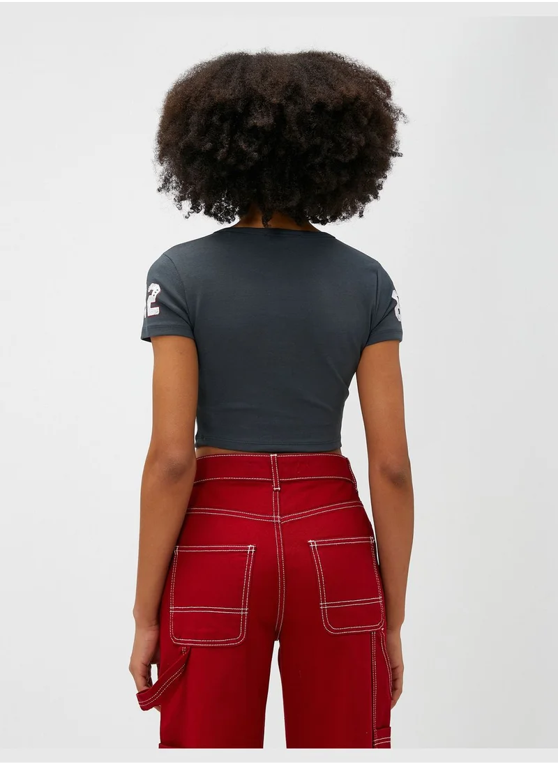 KOTON Cotton Crew Neck Short Sleeve Crop T-Shirt