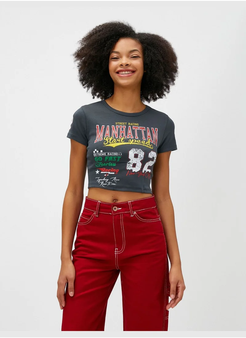 KOTON Cotton Crew Neck Short Sleeve Crop T-Shirt