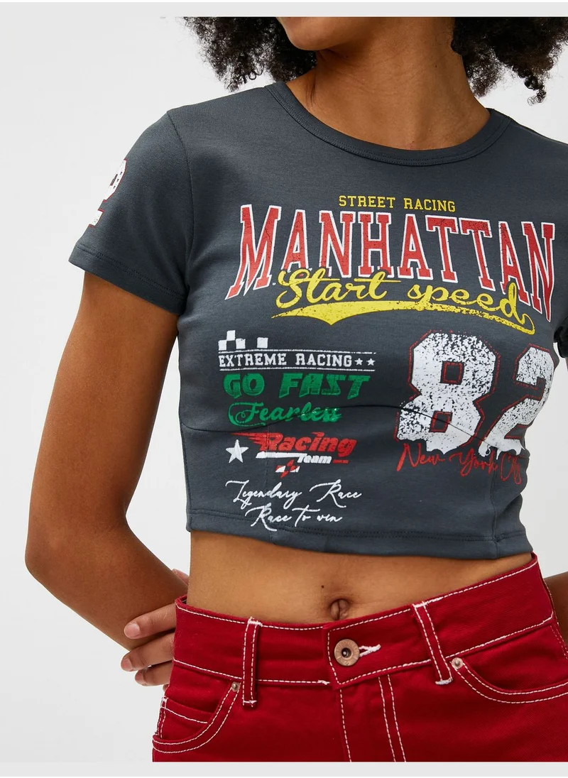 KOTON Cotton Crew Neck Short Sleeve Crop T-Shirt