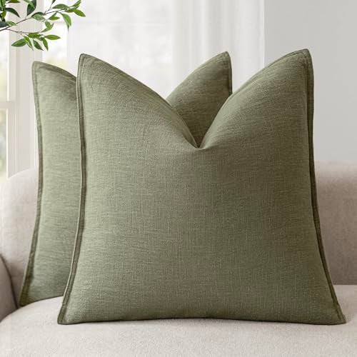 Foindtower Pack of 2 Decorative Linen Soild Throw Pillow Covers Soft Accent Cushion Case Farmhouse Neutral Pillowcase for Chair Couch Sofa Bedroom Living Room Home Decor 20x20 Inch Olive Branch Green