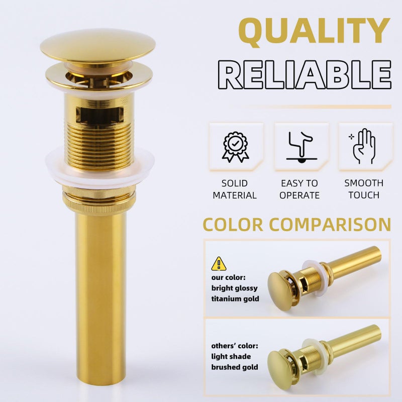 Angle Simple Bathroom Sink Drain Stopper Glossy Deep Gold Color, Brass Pop Up Sink Stopper with Overflow Hole for Sink with 1.61 to 2 Inches Drain Hole - Image 5