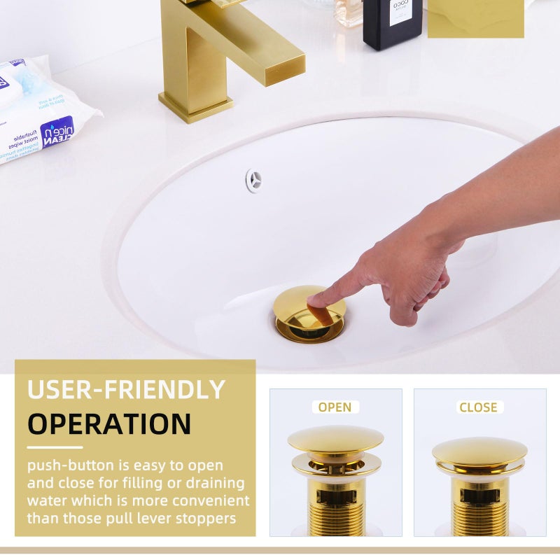 Angle Simple Bathroom Sink Drain Stopper Glossy Deep Gold Color, Brass Pop Up Sink Stopper with Overflow Hole for Sink with 1.61 to 2 Inches Drain Hole - Image 4