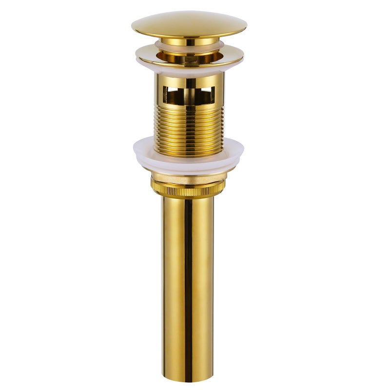 Angle Simple Bathroom Sink Drain Stopper Glossy Deep Gold Color, Brass Pop Up Sink Stopper with Overflow Hole for Sink with 1.61 to 2 Inches Drain Hole - Image 1