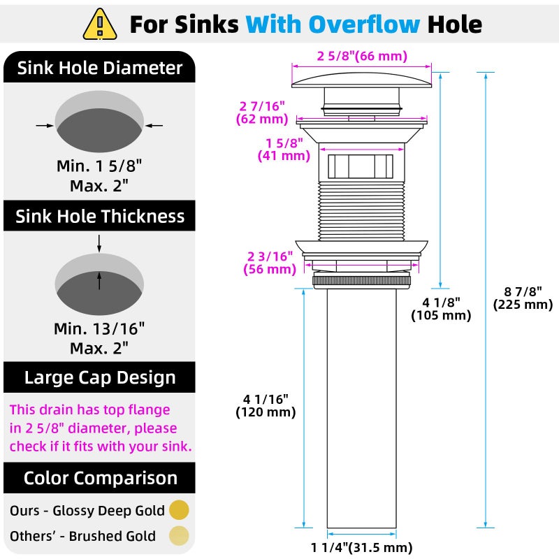 Angle Simple Bathroom Sink Drain Stopper Glossy Deep Gold Color, Brass Pop Up Sink Stopper with Overflow Hole for Sink with 1.61 to 2 Inches Drain Hole - Image 2