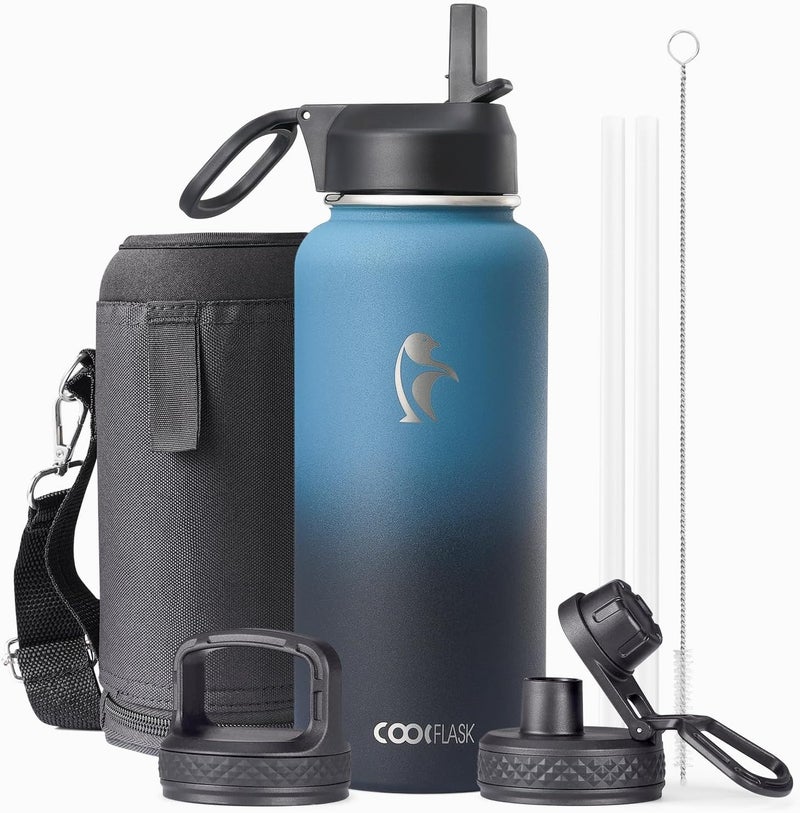Coolflask Water Bottle 32 oz Insulated with Straw, Stainless Steel Metal 3 Lids Water Flask Wide Mouth for Sports or Office, Non-BPA Keep Cold Up to 48 Hrs or Hot Up to 24 Hrs, Samurai Cyan - Image 1