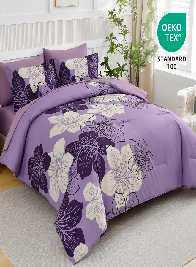 Luxudecor طقم لحاف فاخر مزين بالزهور، مقاس كوين، طقم لحاف وملاءات بنقشة زهور الخزامى، 7 قطع، طقم سرير كامل من الألياف الدقيقة الناعمة لجميع الفصول، 90 بوصة × 90 بوصة - Image 2