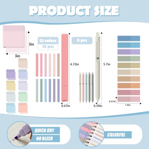 Jutom 39 Pcs Aesthetic Book Annotation Kit Highlighter with Pencil Case Bag Gel Pen Transparent Sticky Note Taking Bible Study College School Supplies(Green,Cute Style) - Image 5